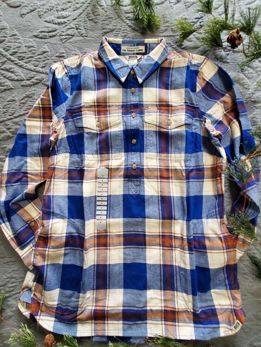 Duluth Trading Co Blue Cream and Brown Plaid Tunic